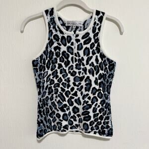 Vintage Angelica Val Y2K Leopard Cheetah Print Zip Tank Top M Blue White USA